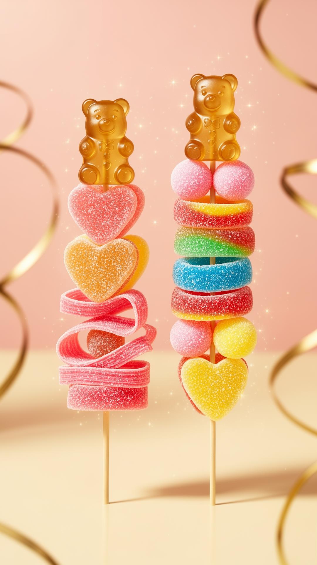 Two candy skewers stacked with gummies, hearts and golden gummy bears